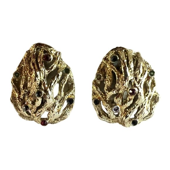 Vintage Coro Gold Tone Rhinestones Nugget Clip On Earrings - Picture 11 of 12